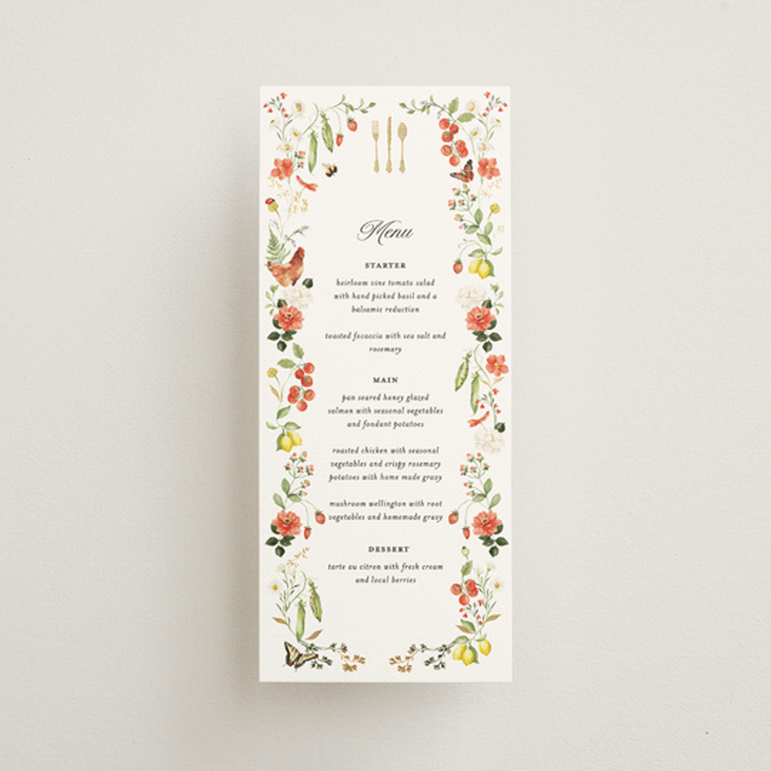 "Fleur" - Foil-Pressed Menus in Verona Sunset by Sarah Knight - Front