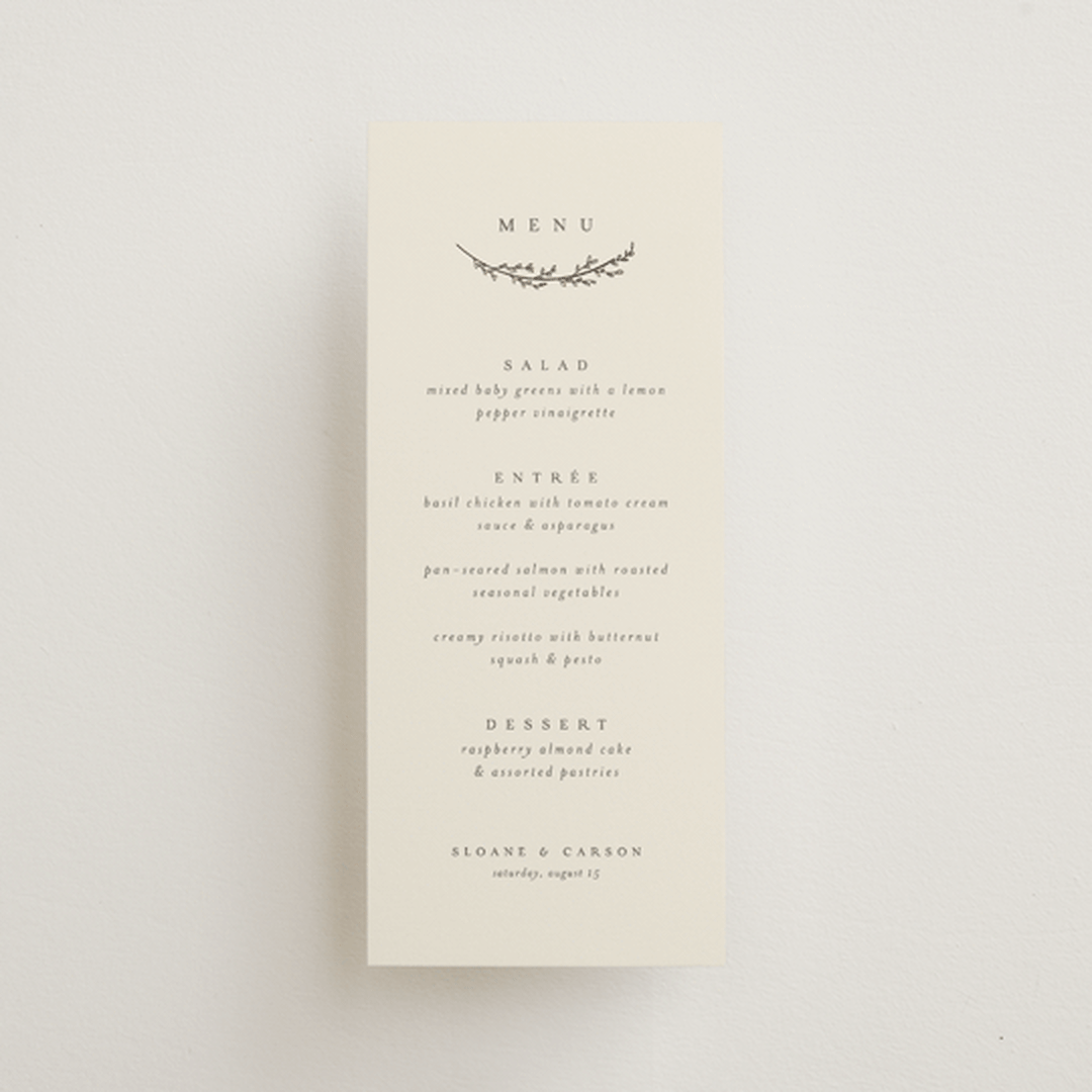"Branched" - Foil-Pressed Menus in Almond by Brianne Larsen - Front