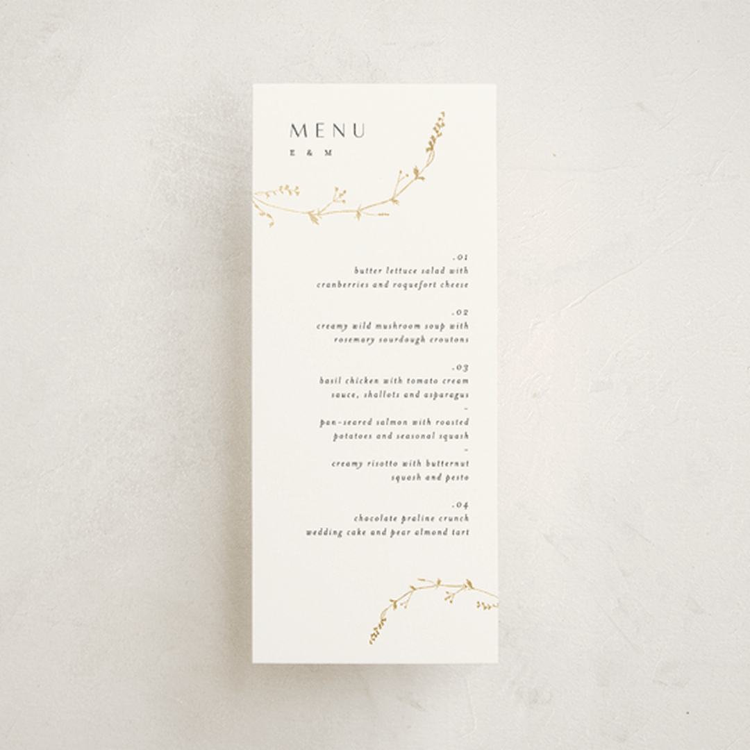 "Vine Wrap" - Foil-Pressed Menus in Cotton by Amy Kross - Front