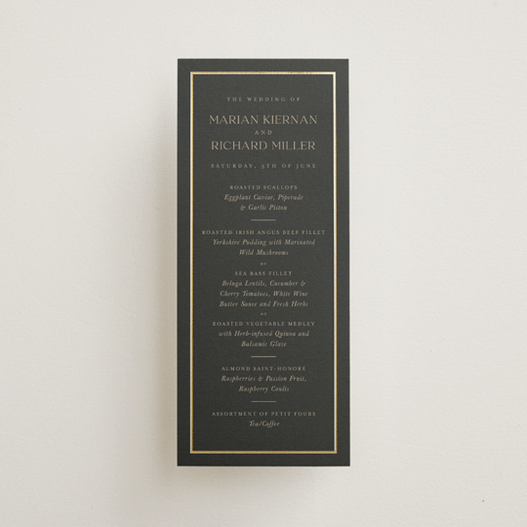 "Timeless Charm" - Foil-Pressed Menus in Charcoal by Lucrecia Caporale - Front