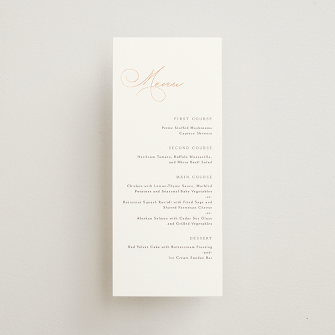 "Eternal" - Foil-Pressed Menus in Snow by Kaydi Bishop - Front