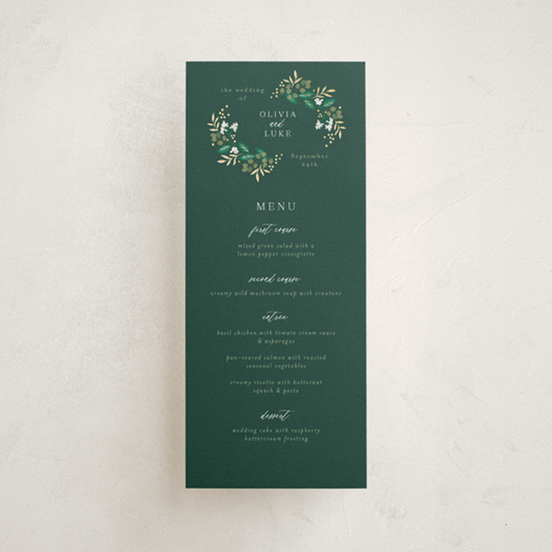 "Illuminated Storybook" - Foil-Pressed Menus in Evergreen by Alethea and Ruth - Front