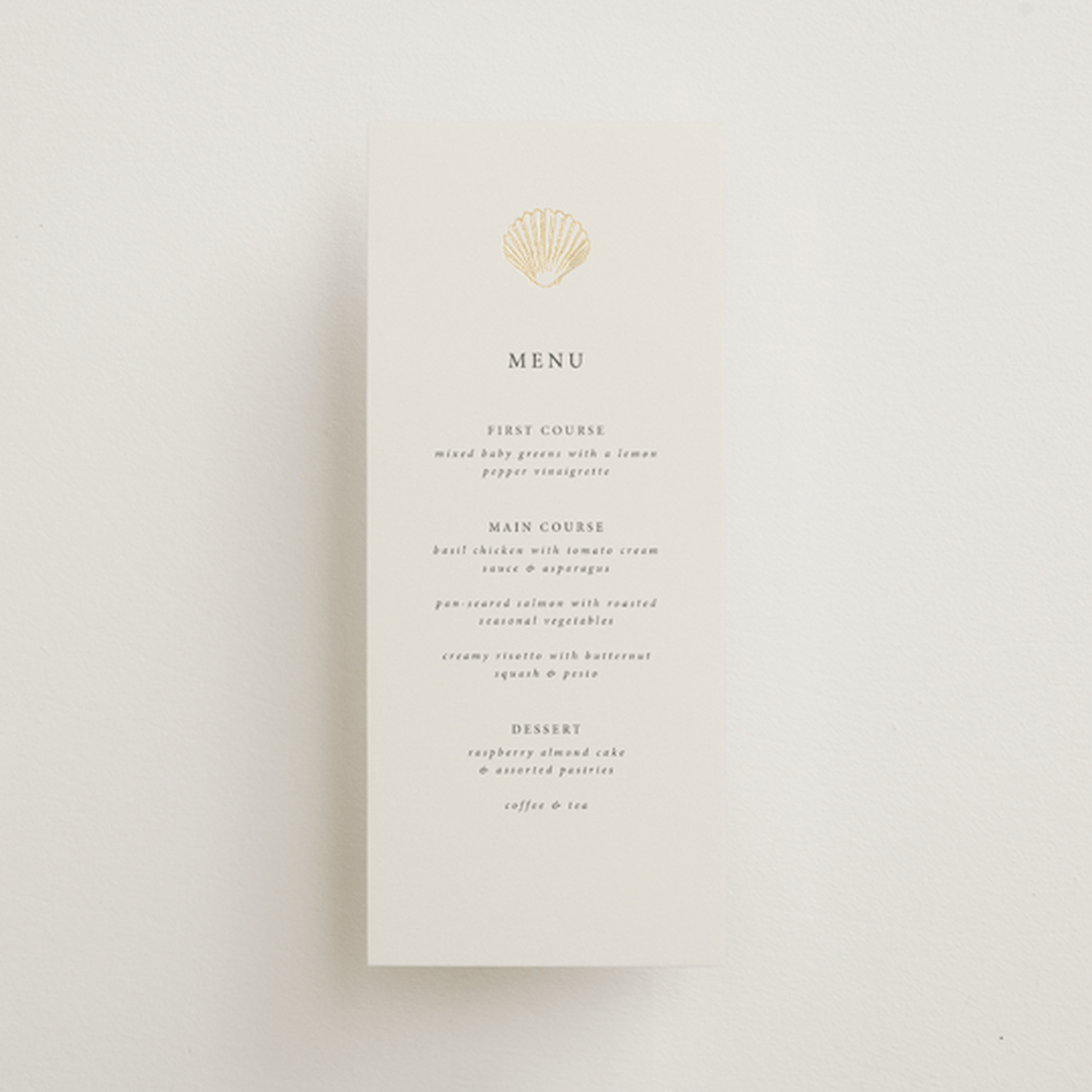 "Simple Seashell" - Foil-Pressed Menus in Sand by Hannah Bowman - Front