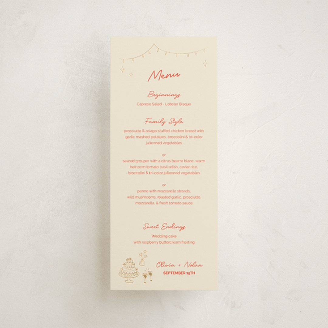 "Party On!" - Foil-Pressed Menus in Sangria Spark by Zove Ahhh - Front