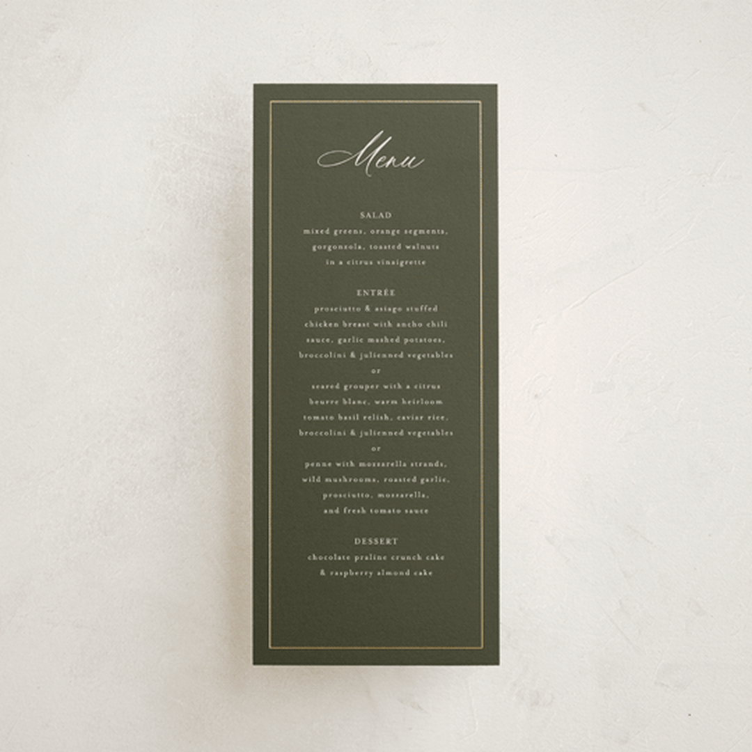 "refined" - Foil-Pressed Menus in Deep Olive by Nicole Walsh - Front