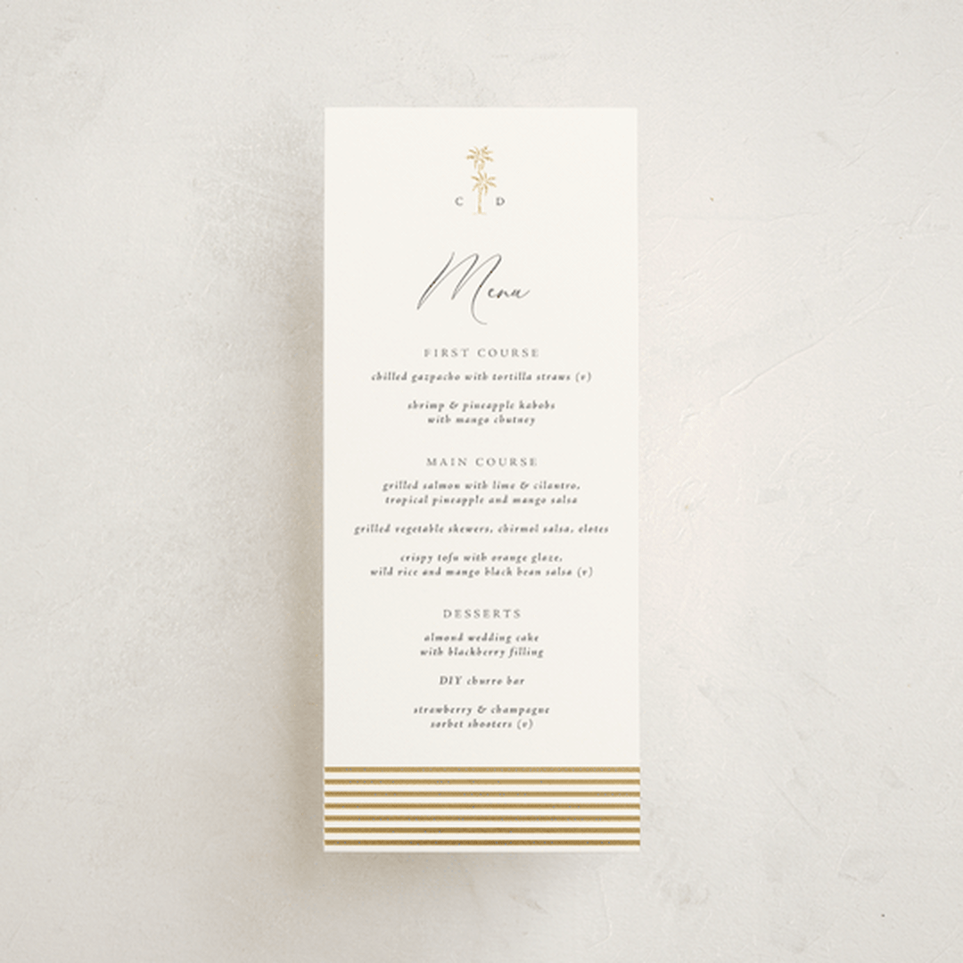 "Palm Monogram" - Foil-Pressed Menus in Stone by Olivia Raufman - Front