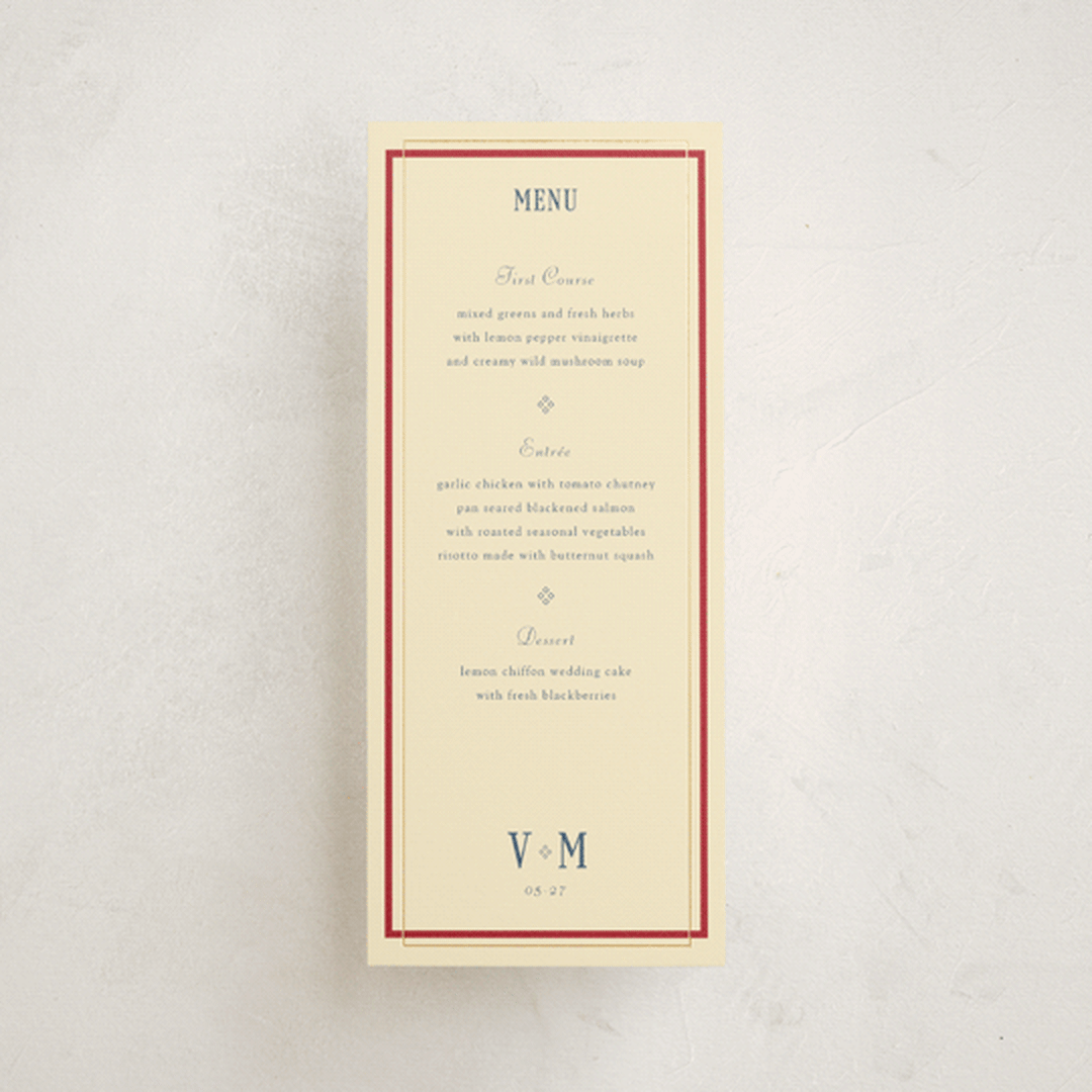 "Woven" - Foil-Pressed Menus in Navy by Baumbirdy - Front