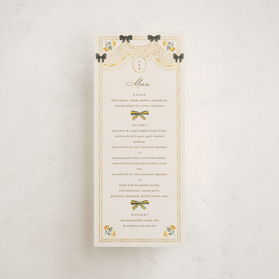 "Tuileries" - Foil-Pressed Menus in Golden by Claudia Orengo - Front