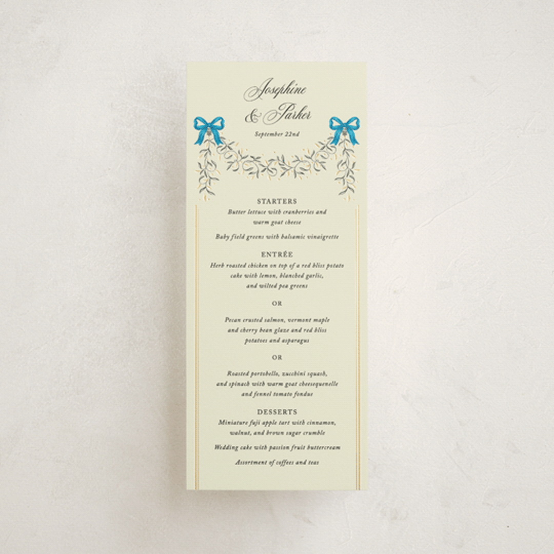 "Josephine" - Foil-Pressed Menus in Marine by Jackie Crawford - Front