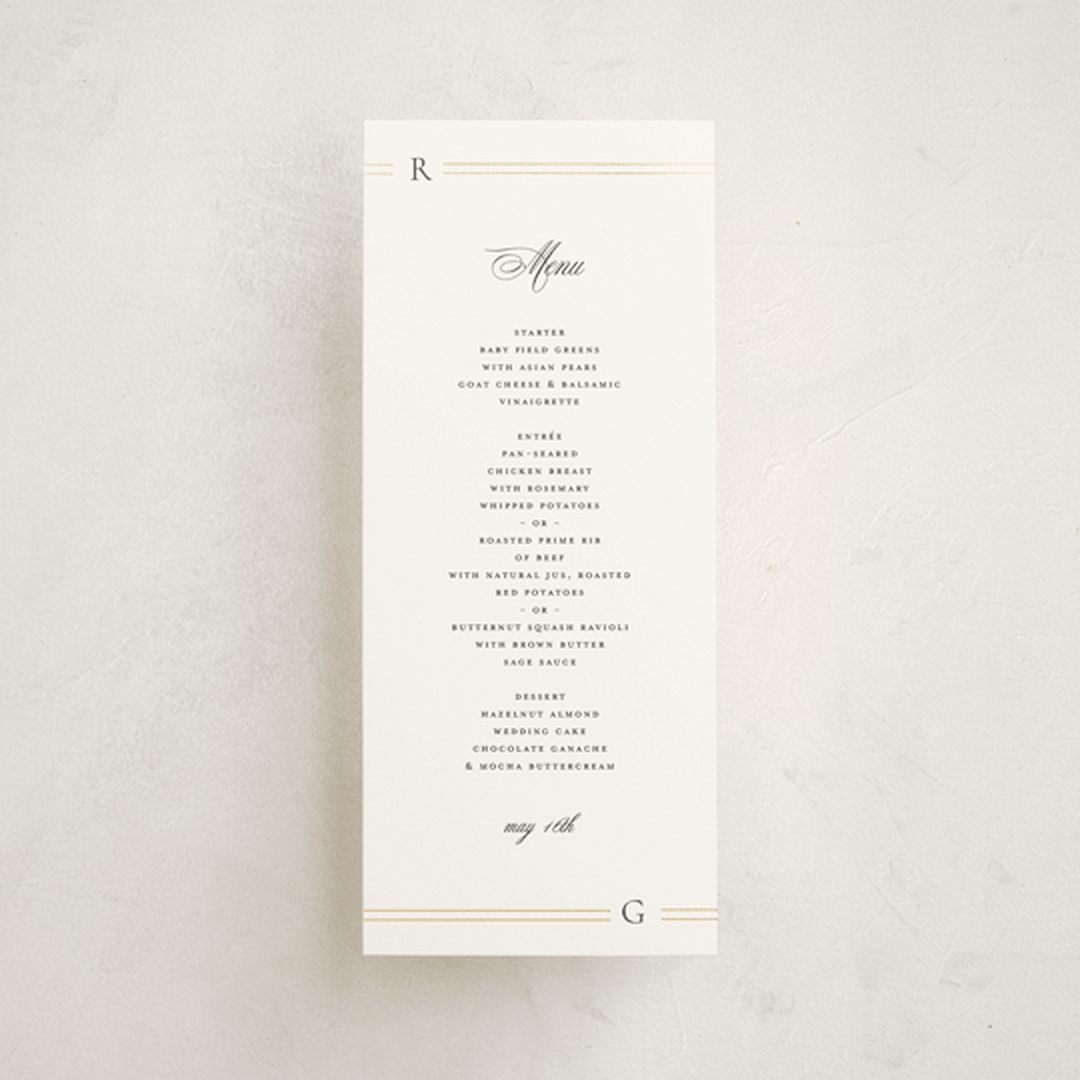"Elencourt" - Foil-Pressed Menus in Quartz by Jelena Vuletic - Front