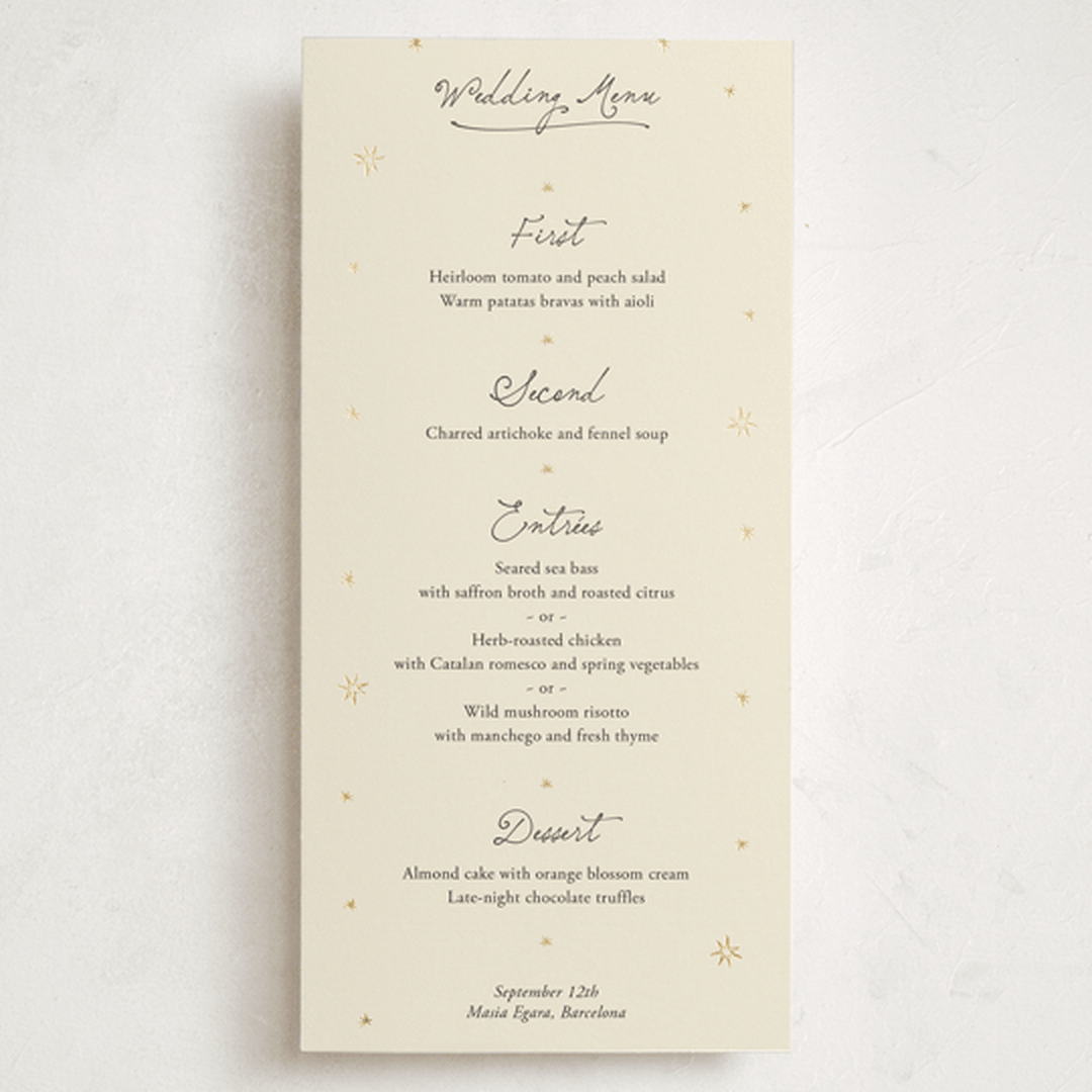 "Written in the Stars" - Foil-Pressed Menus in Noir by Ani Somi - Front