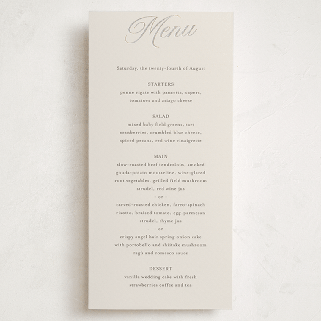 "Tux" - Foil-Pressed Menus in Antique by Nicole Walsh - Front