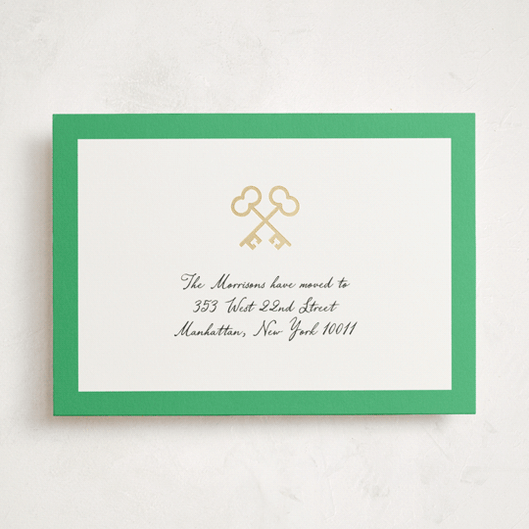 "Crossed Keys" - Foil-Pressed Moving Announcements in Grass by mo kelley - Front