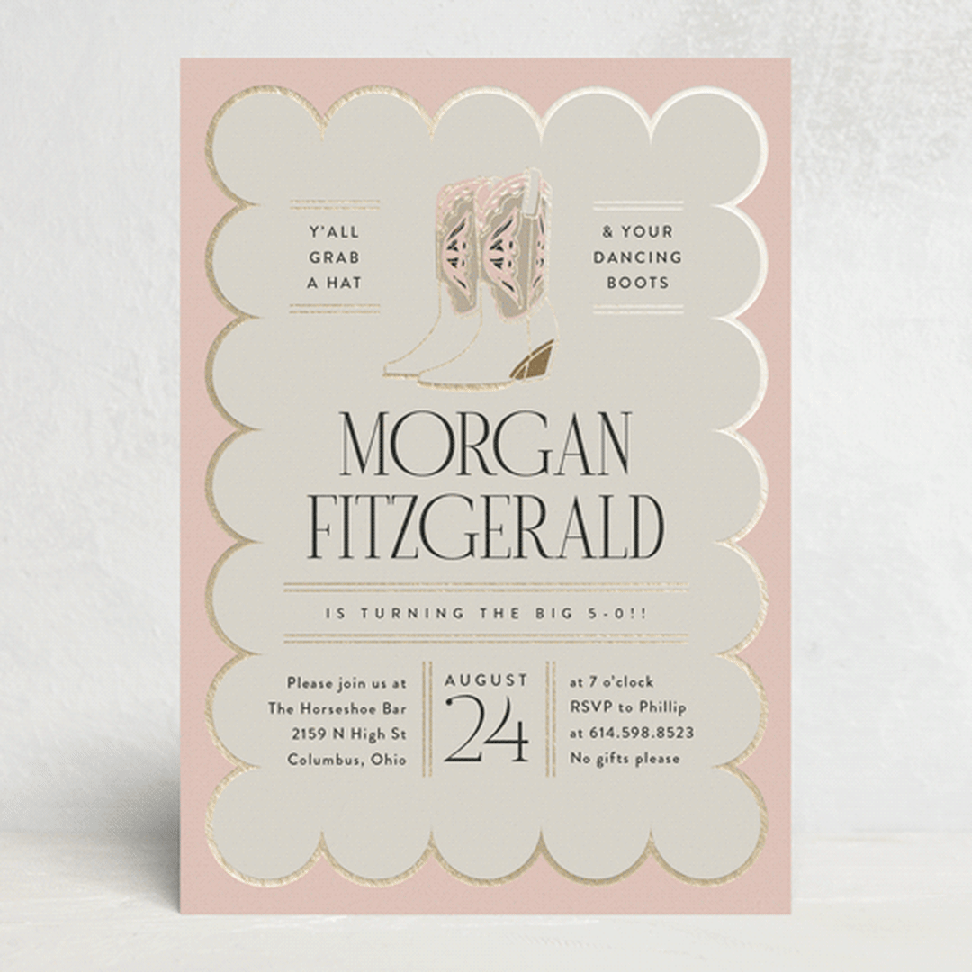 "Dancing Boots" - Party Invitations in Blush by Heather Schertzer - Front