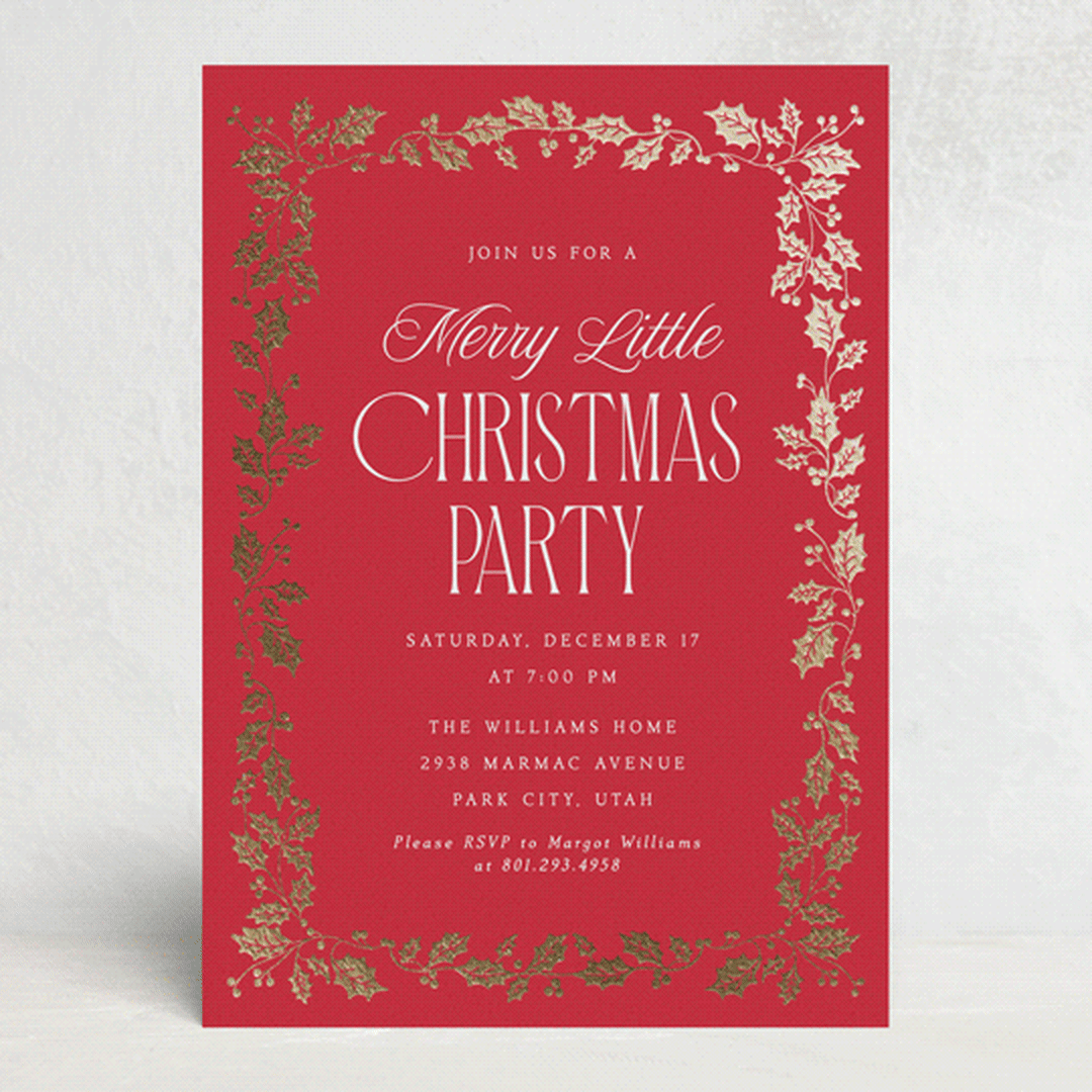 "Holly Border" - Party Invitations in Poinsettia by Robert and Stella - Front