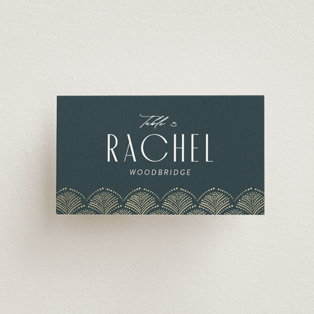 "Vitrola" - Foil-Pressed Party Place Cards in Teal by Tamara Hilje - Front with Free Guest Printing