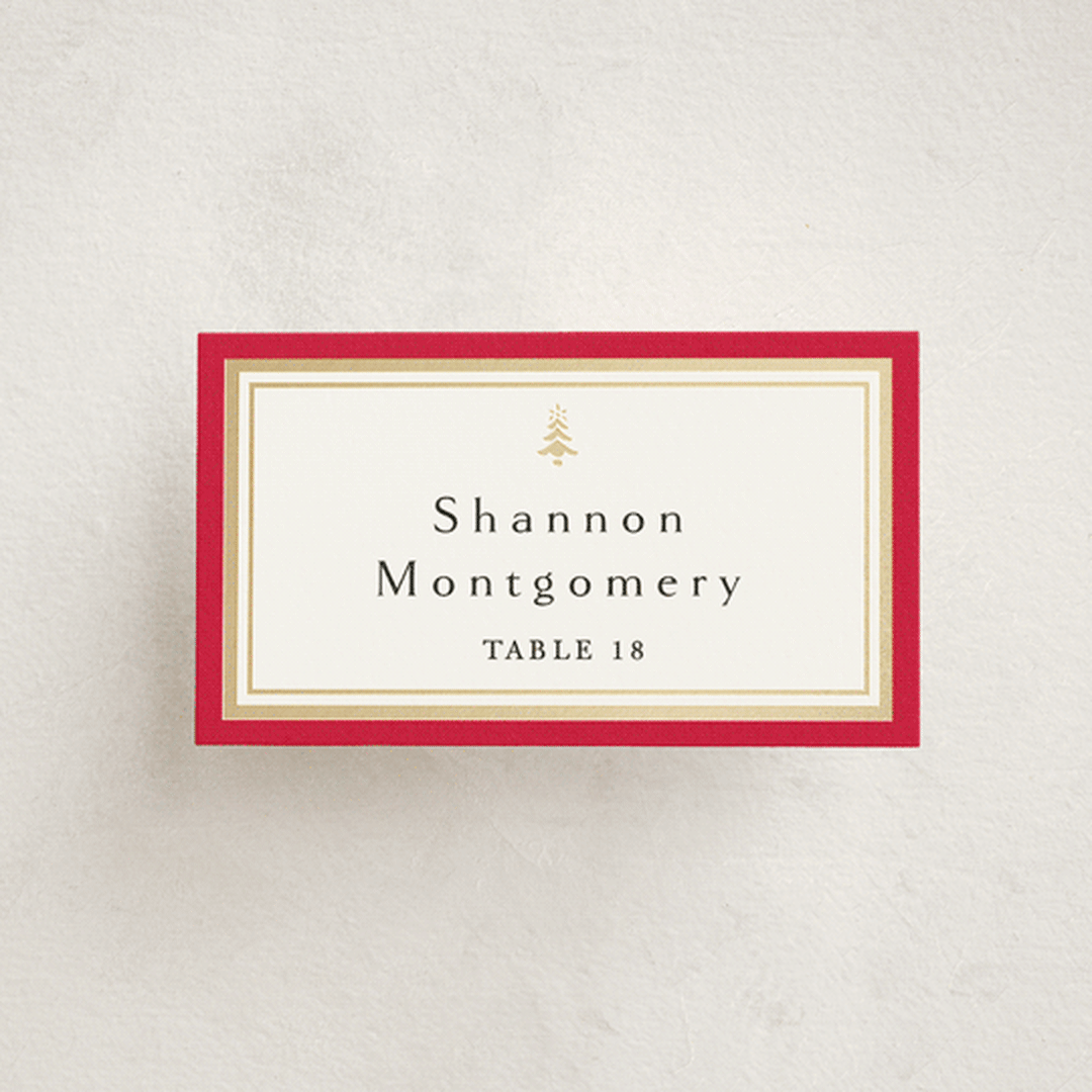 "Edged" - Foil-Pressed Party Place Cards in Poinsettia by Amy Kross - Front with Free Guest Printing