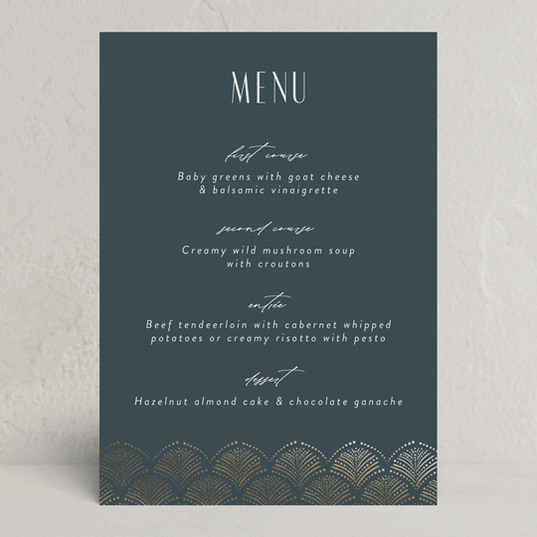 "Vitrola" - Foil-Pressed Party Menus in Teal by Tamara Hilje - Front