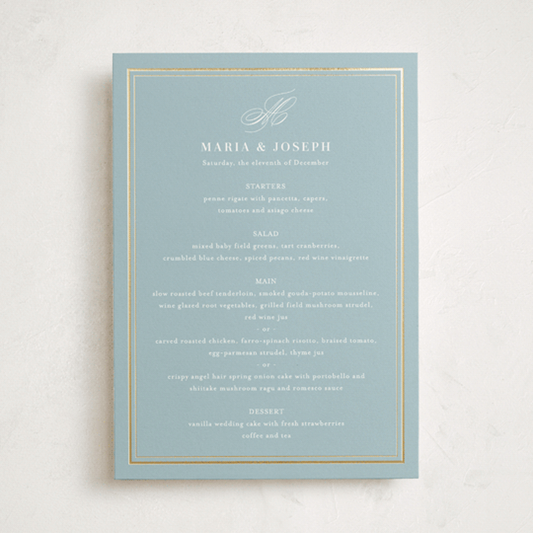 "Polished" - Foil-Pressed Party Menus in Powder Blue by Jennifer Postorino - Front