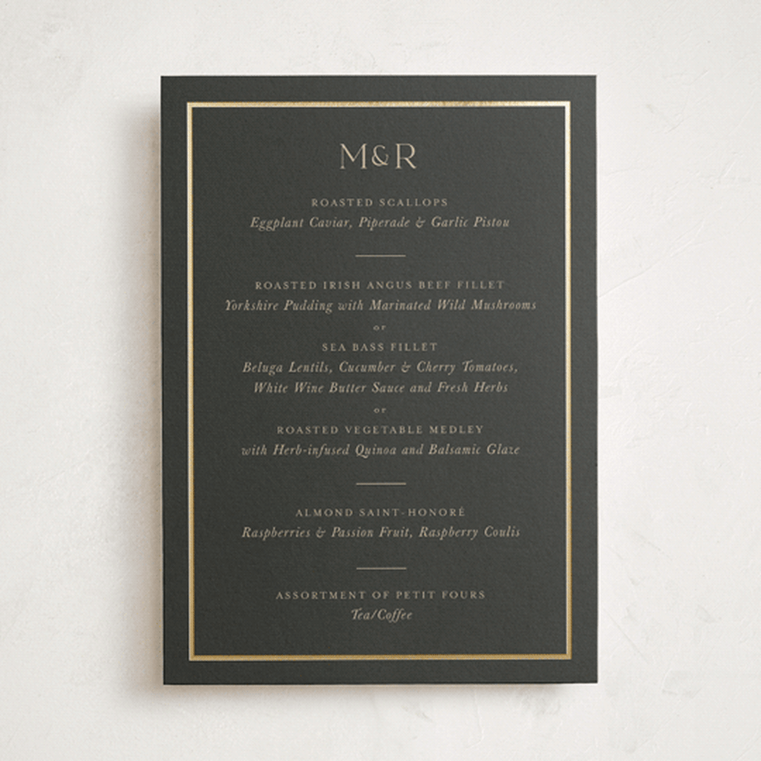 "Timeless Charm" - Foil-Pressed Party Menus in Charcoal by Lucrecia Caporale - Front