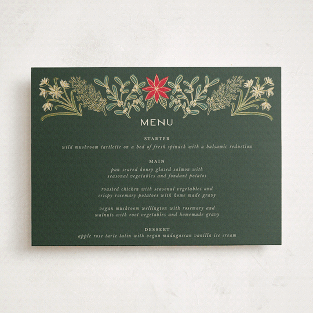 "Paper Whites" - Foil-Pressed Party Menus in Pine by Amy Kross - Front
