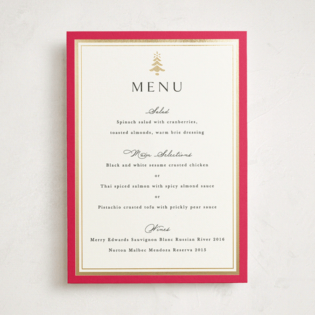 "Edged" - Foil-Pressed Party Menus in Poinsettia by Amy Kross - Front