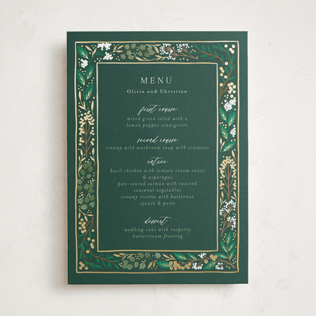 "Illuminated Storybook" - Foil-Pressed Party Menus in Evergreen by Alethea and Ruth - Front