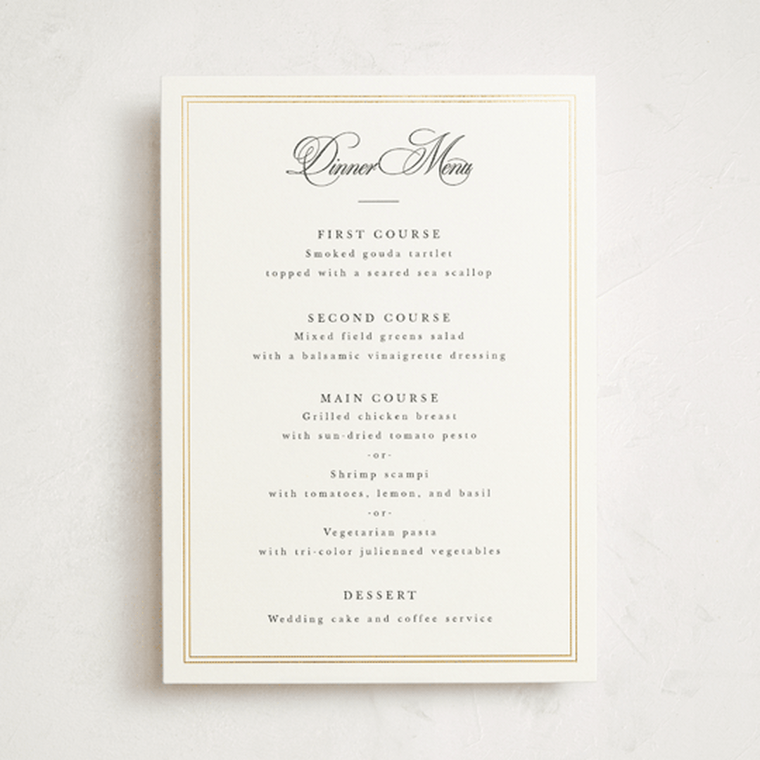 "Traditionalist" - Foil-Pressed Party Menus in Snow by Sarah Brown - Front