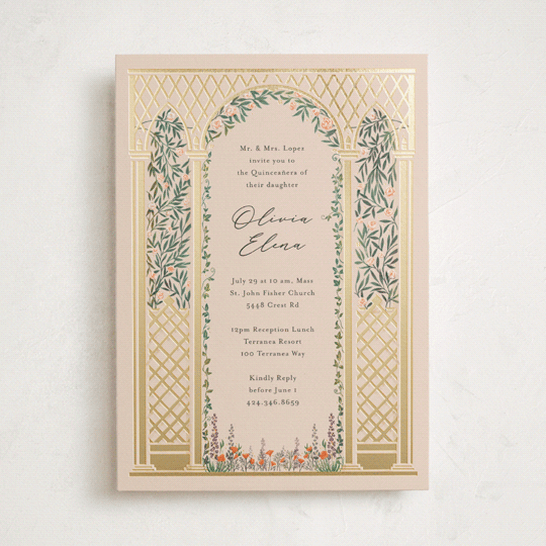 "Victorian Trellis" - Foil-Pressed Quinceanera Invitations in Sand by Becky Nimoy - Front