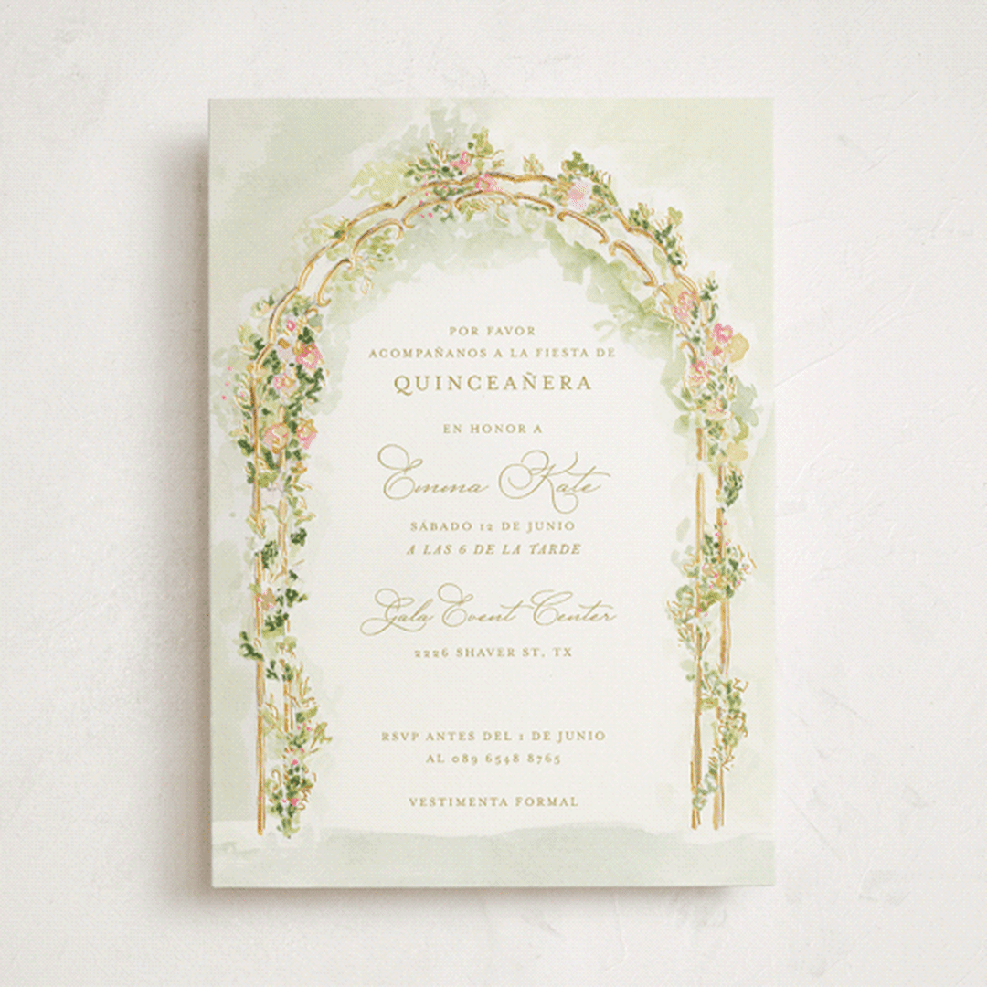 "Floral Arch" - Foil-Pressed Quinceanera Invitations in Evergreen by Lucrecia Caporale - Front