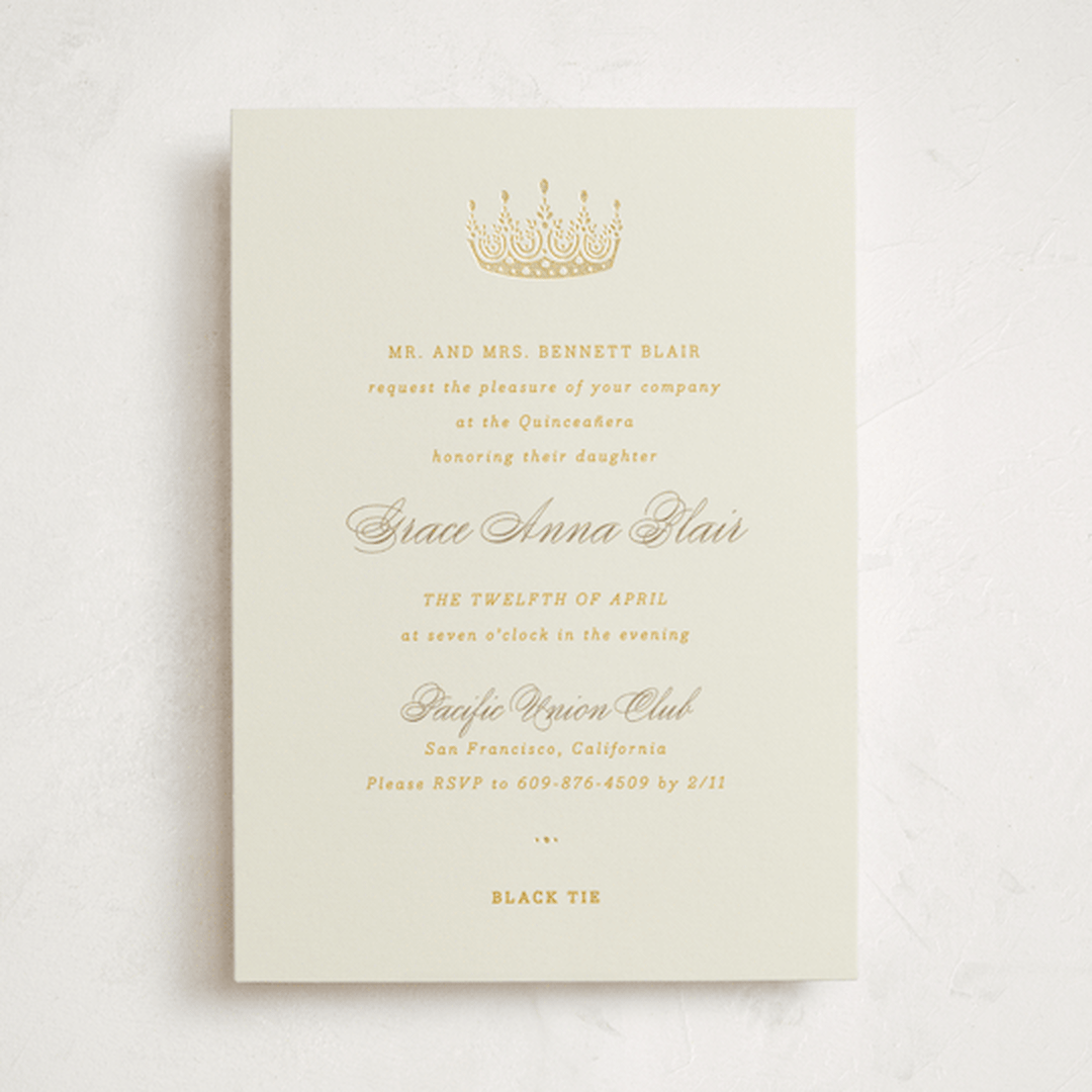 "Belle of the Ball" - Foil-Pressed Quinceanera Invitations in Caramel by Yolanda Mariak Chendak - Front