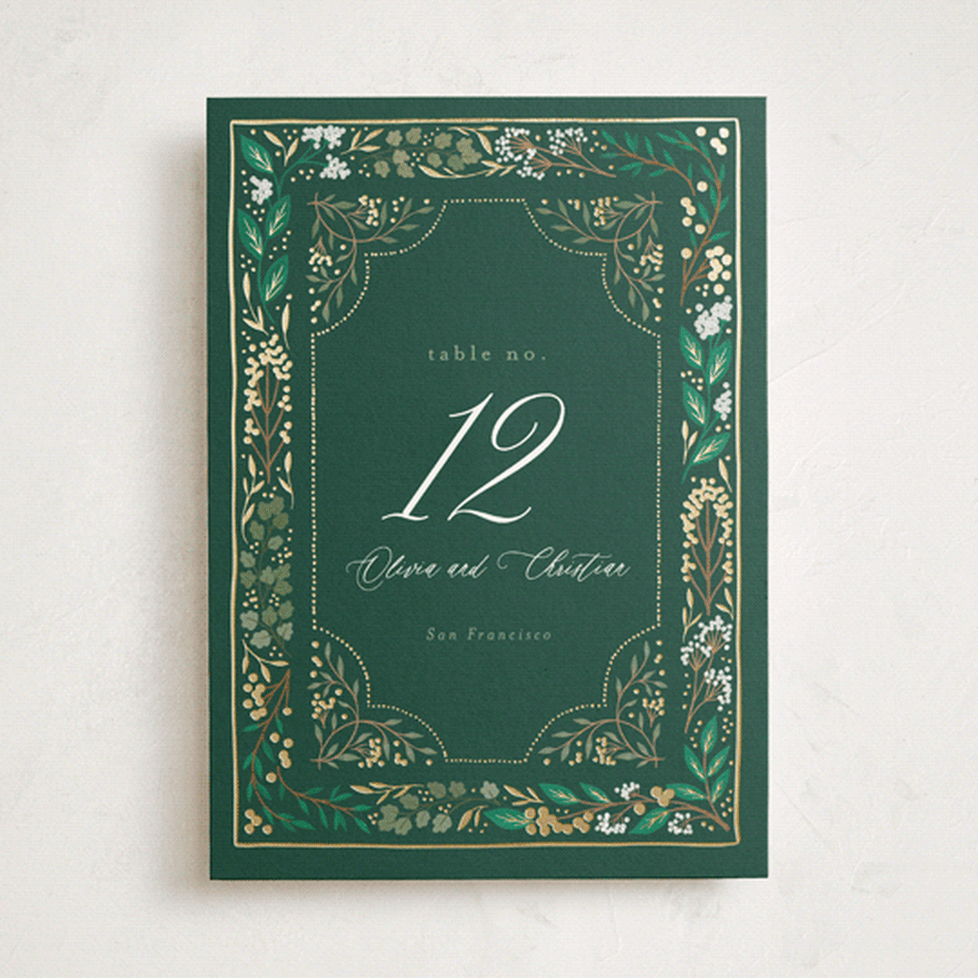 "Illuminated Storybook" - Foil-Pressed Party Table Numbers in Evergreen by Alethea and Ruth - Front