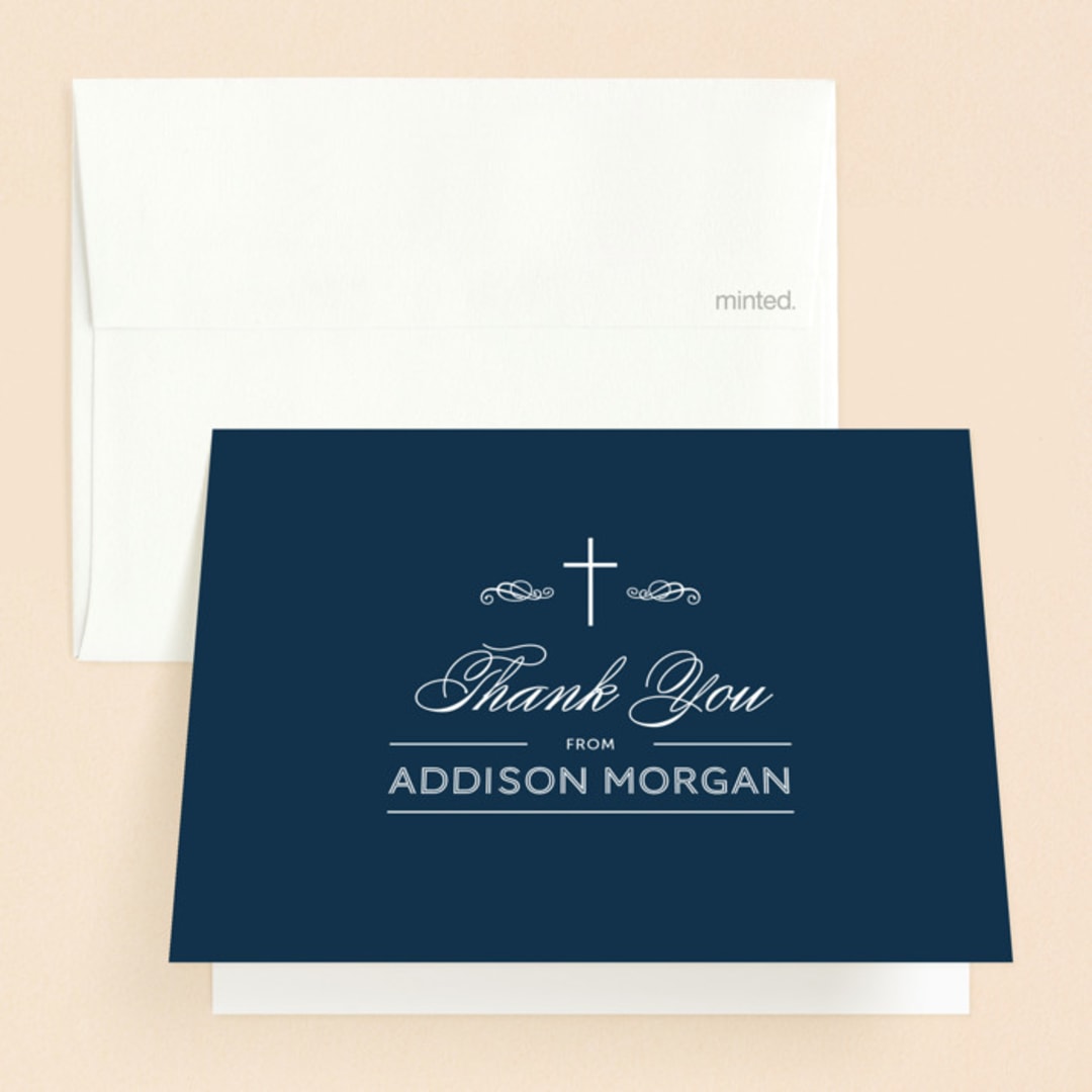 "Stately Cross" - First Holy Communion Thank You Cards in Navy by Beth Schneider - Front