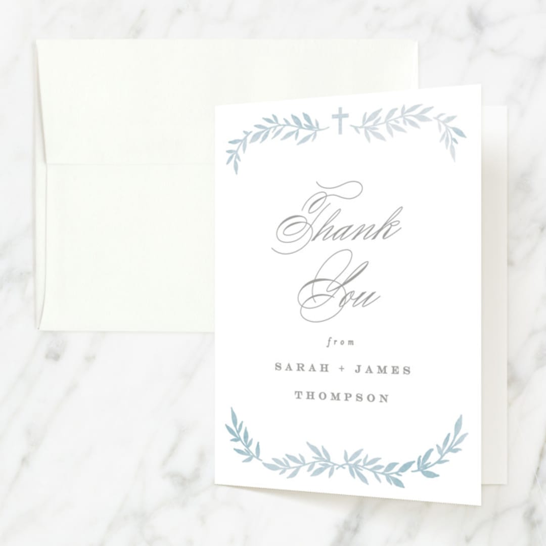 "Simple Foliage" - First Holy Communion Thank You Cards in Mist by Everett Paper Goods - Front