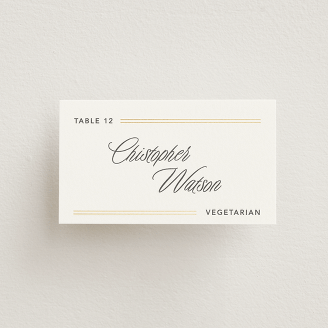 "Formal lines" - Foil-Pressed Place Cards - Vegetarian in Quartz by Creo Study - Front with Free Guest Printing