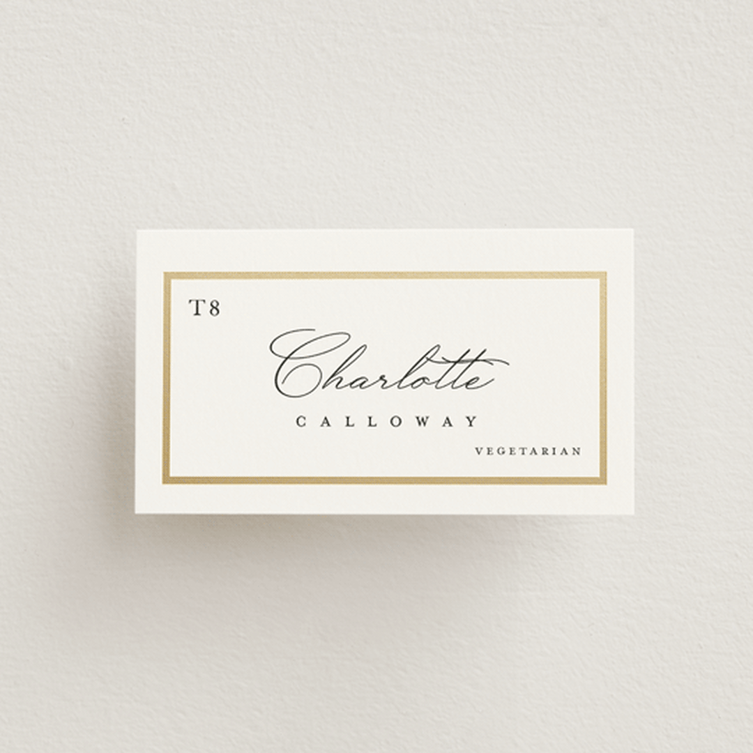 "Regal Frame" - Foil-Pressed Place Cards - Vegetarian in Ivory by Lucrecia Caporale - Front with Free Guest Printing
