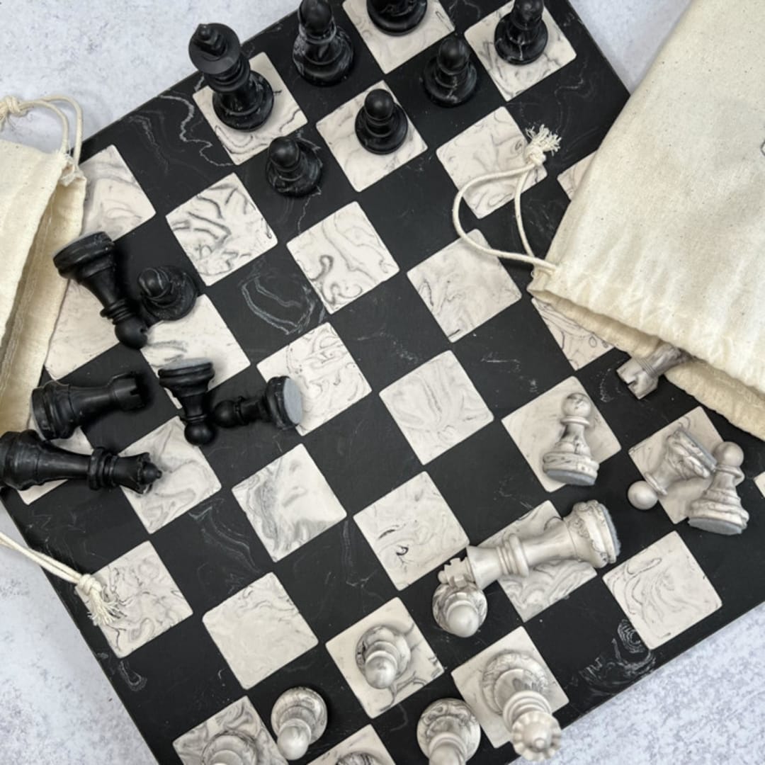 "Black and White Marbled Chess Board Set" - Games in multicolorassorted-colors by Swift and Stone