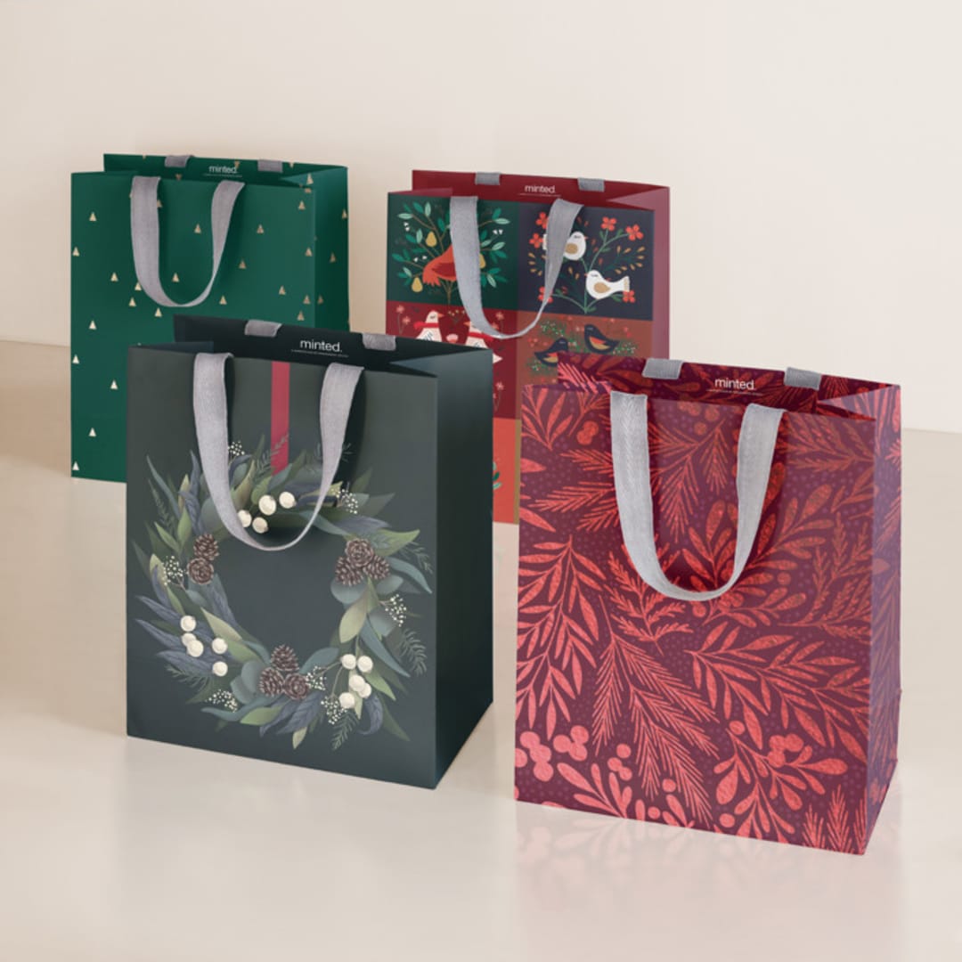 "Christmas Garland" - Gift Bag Collection in Crimson by Multiple Artists - Set of 4 designs