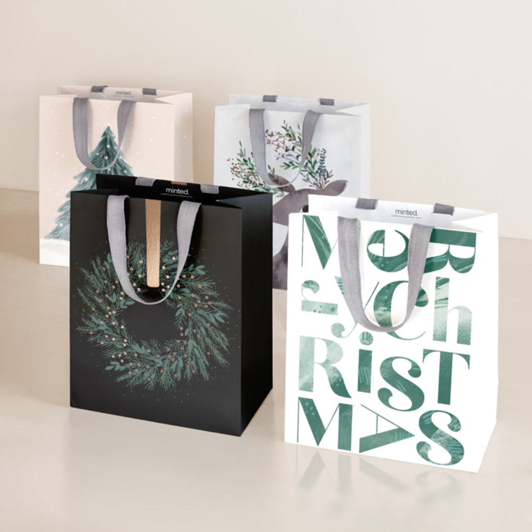 "Woodland Snow" - Gift Bag Collection in Pine by Multiple Artists - Set of 4 designs