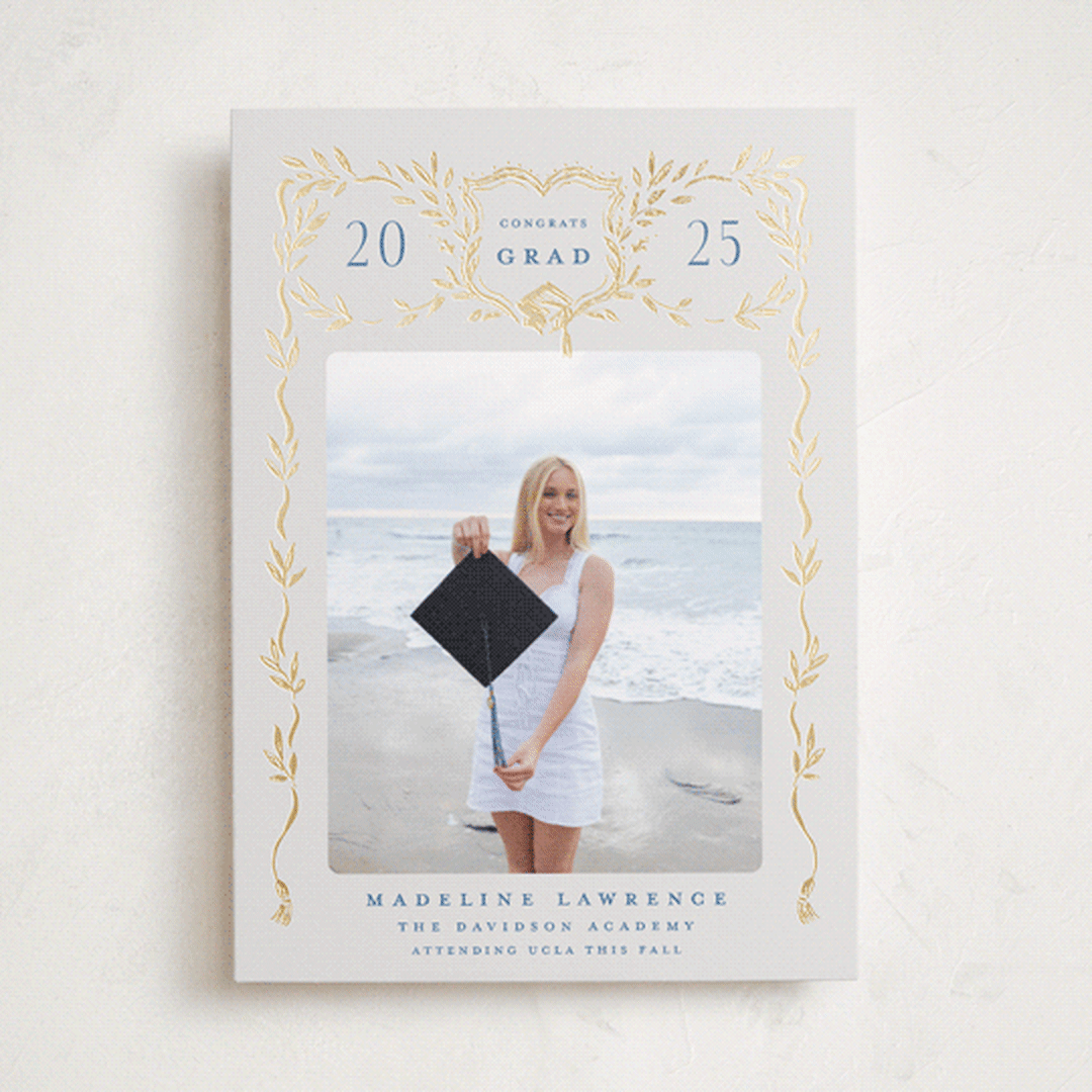"Grad Crest" - Graduation Announcements in Indigo by Petra Kern - Front