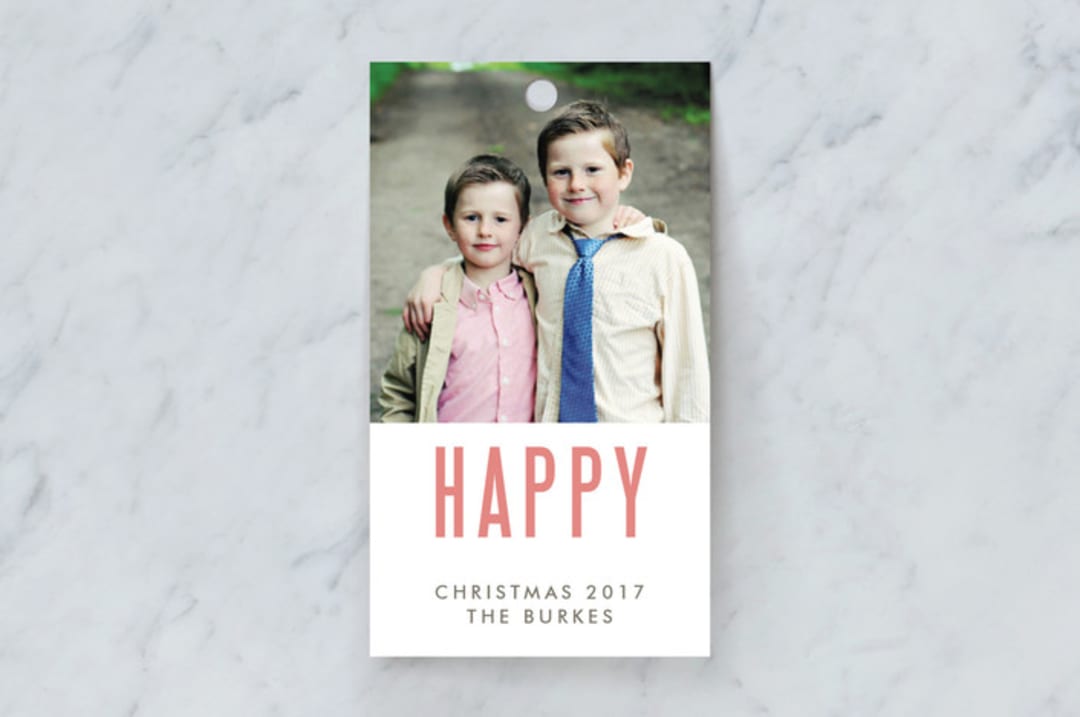 "We're Happy" - Gift Tags in Salmon by Kate Grono - Front