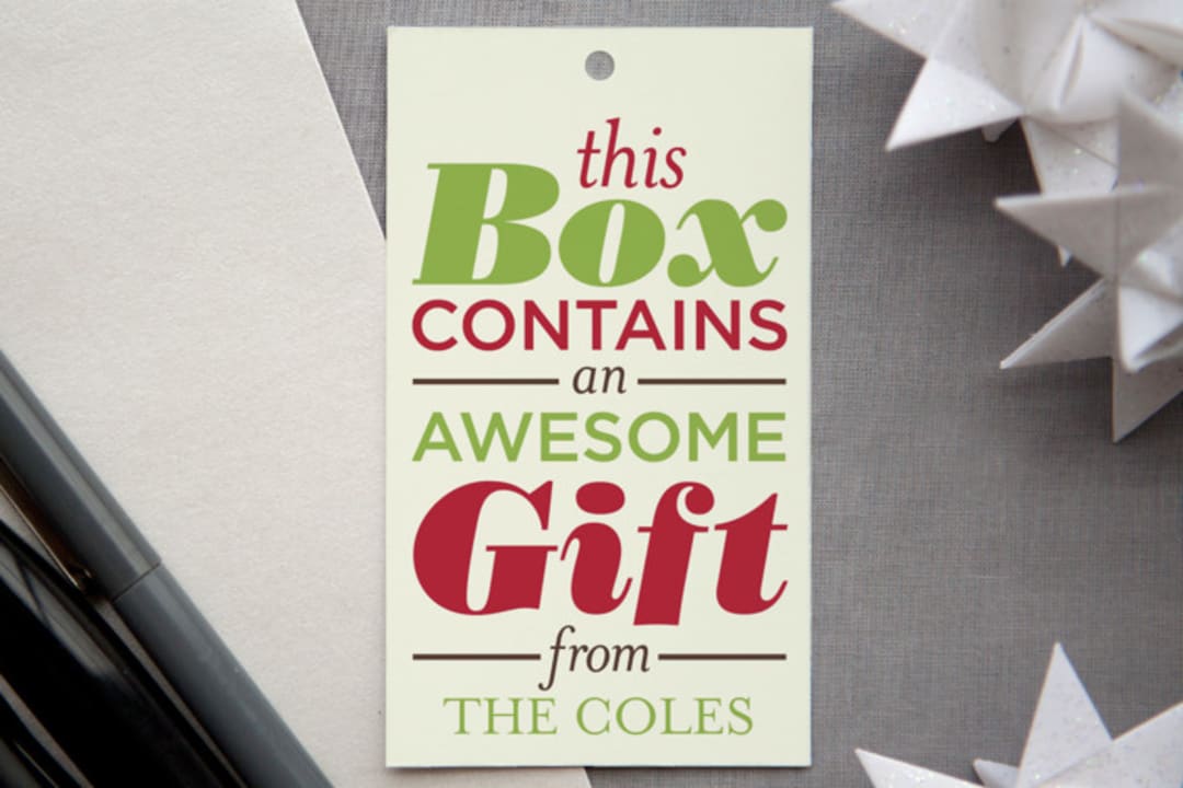 "Awesomeness Inside" - Gift Tags in Cranberry by GeekInk Design - Front