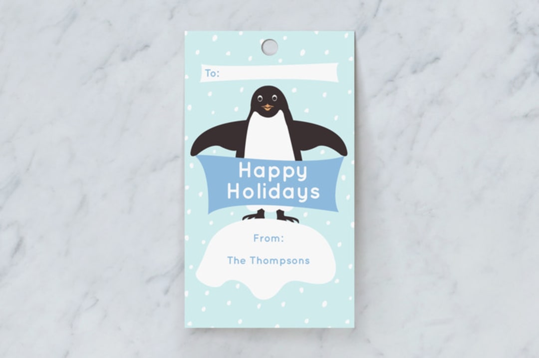 "Presents from Penguins" - Gift Tags in Sky by Jennifer Holbrook - Front