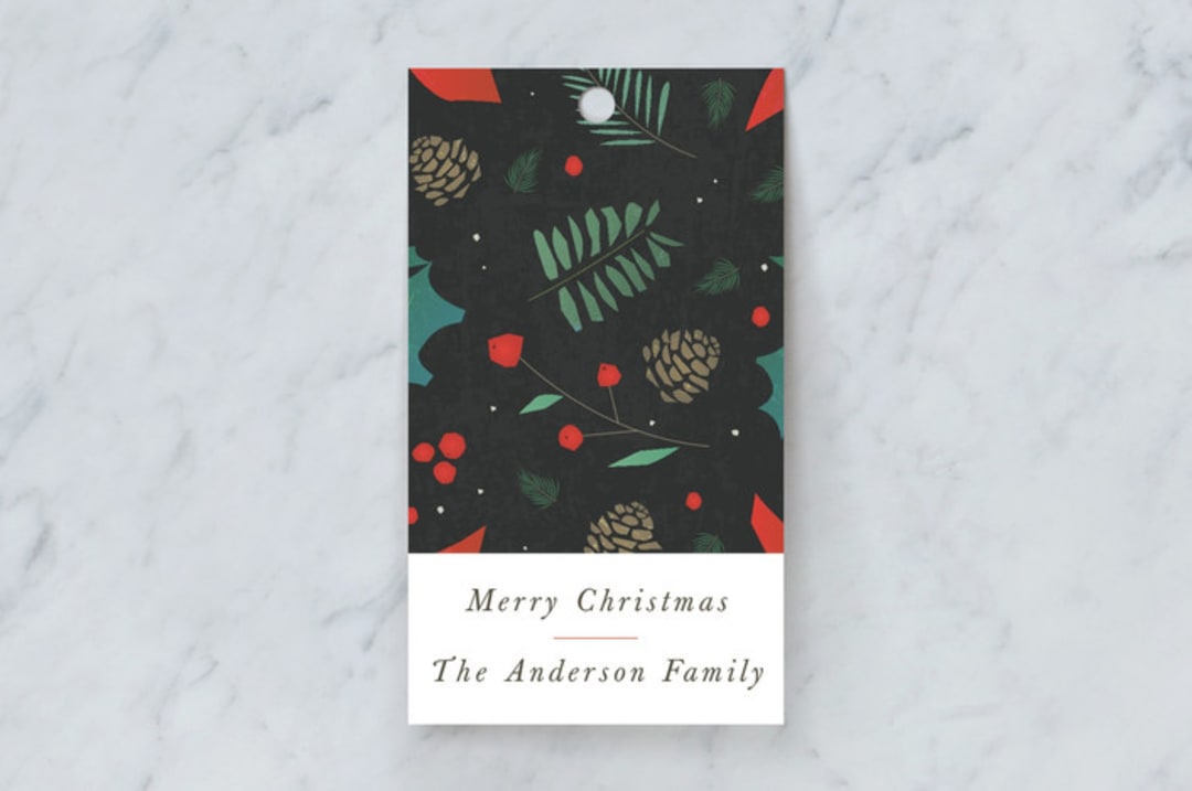 "Christmas Cuttings" - Gift Tags in Coal by Tatiana Nogueiras - Front
