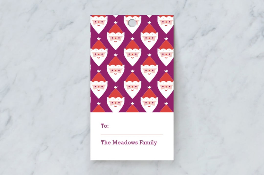 "Little Santas" - Gift Tags in Plum by Bob Daly - Front