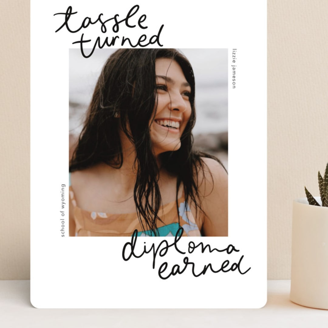 "Tassel turned, diploma earned" - Graduation Announcements in Noir by Abbigail Lim - Front