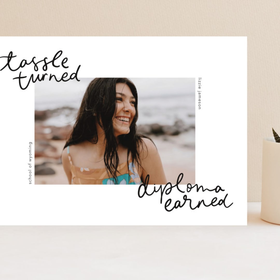 "Tassel turned, diploma earned" - Graduation Announcements in Noir by Abbigail Lim - Front