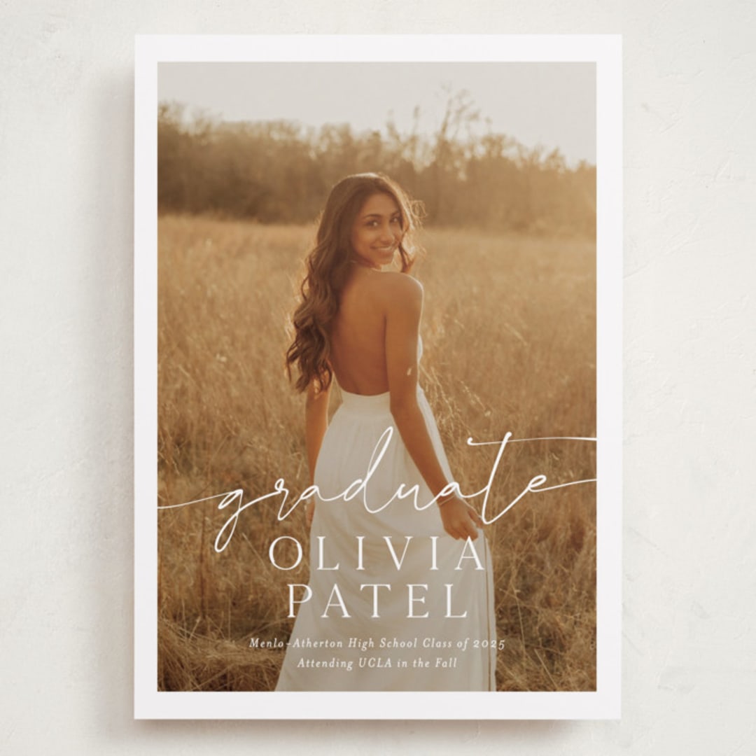 "Graduate Script" - Graduation Announcements in Snow by Sarah Curry - Front