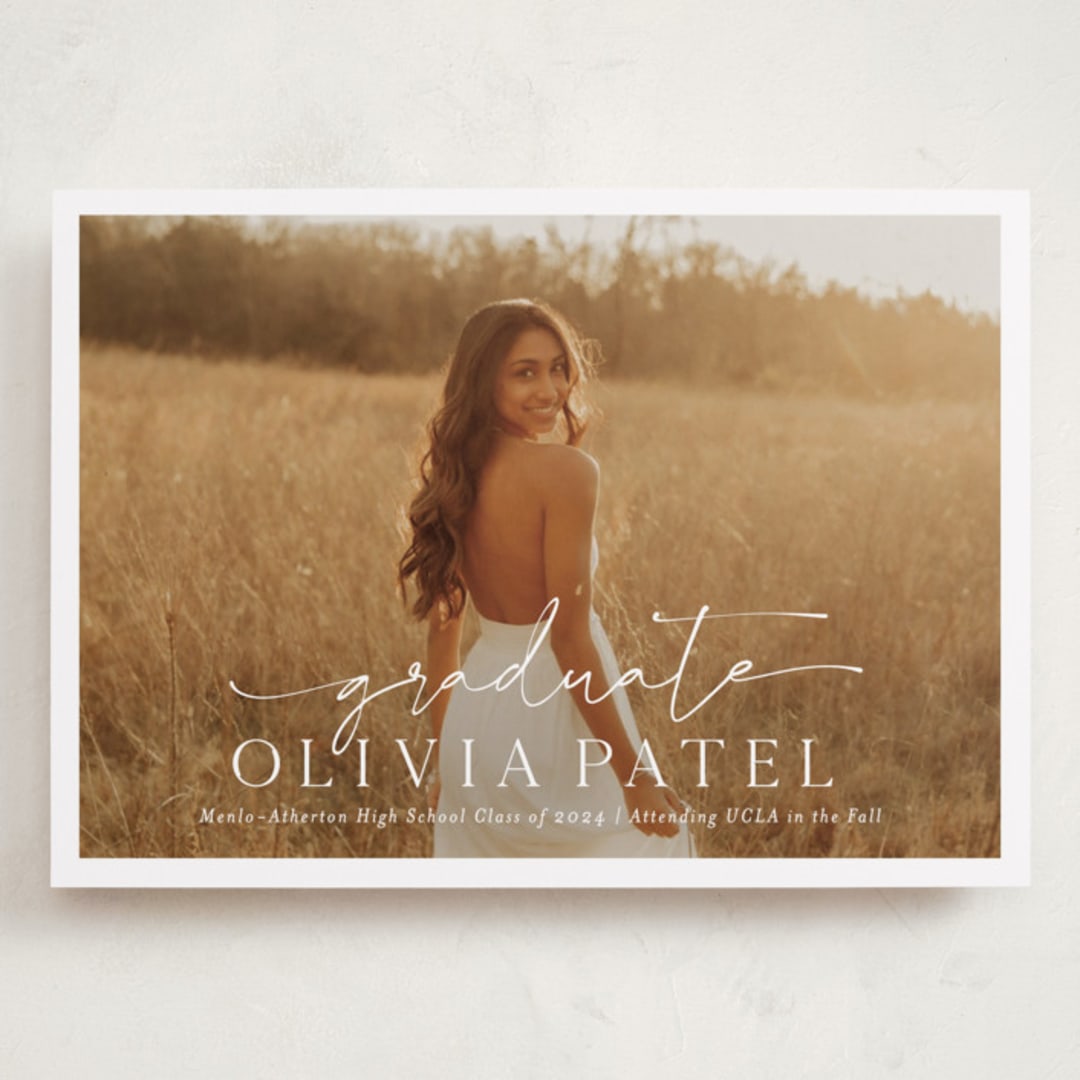 "Graduate Script" - Graduation Announcements in Snow by Sarah Curry - Front