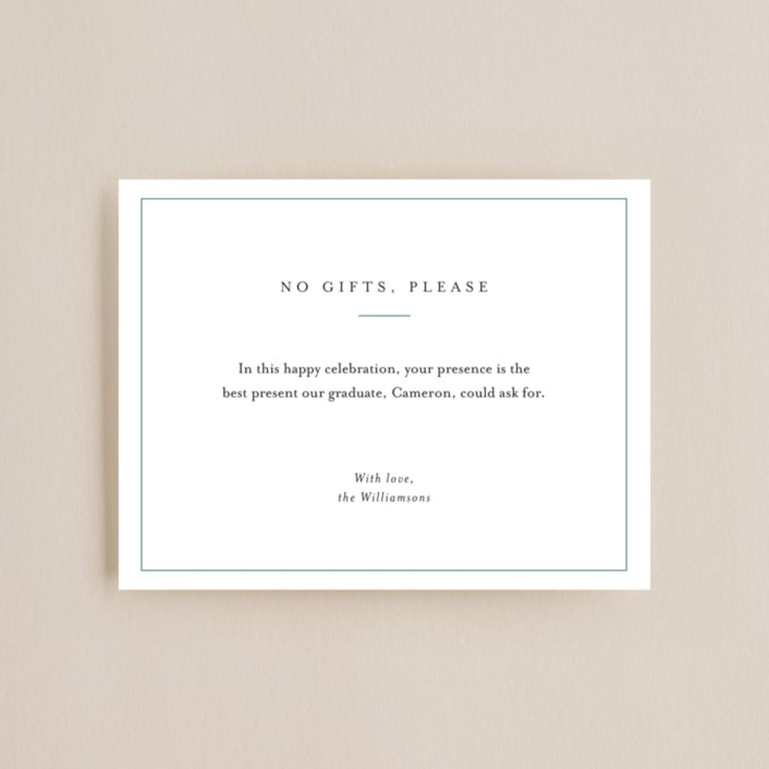 "No Gifts, Please" - Graduation Insert Cards in Pine by Minted - Front